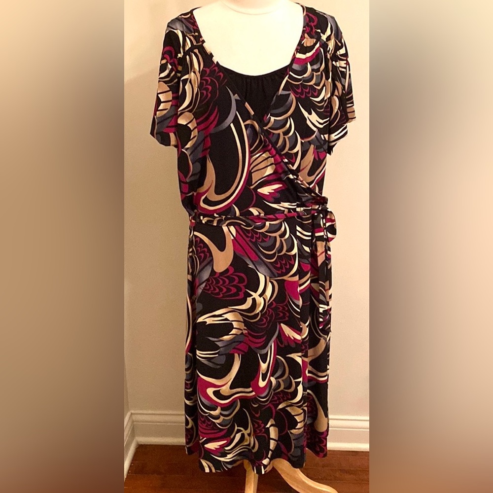 Style & Co Woman Black Tan Pink 3X Bohemian Goddess Wrap Tie Party Church Dress